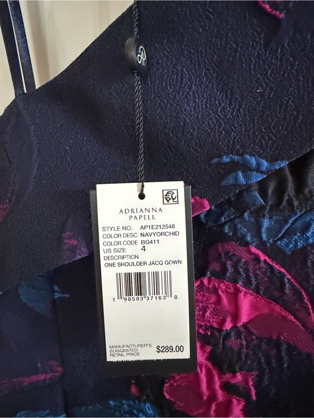 Adrianna Papell One Shoulder Floral Jacquard Gown In Navy Orchid NWT Size 4 - Picture 11 of 12